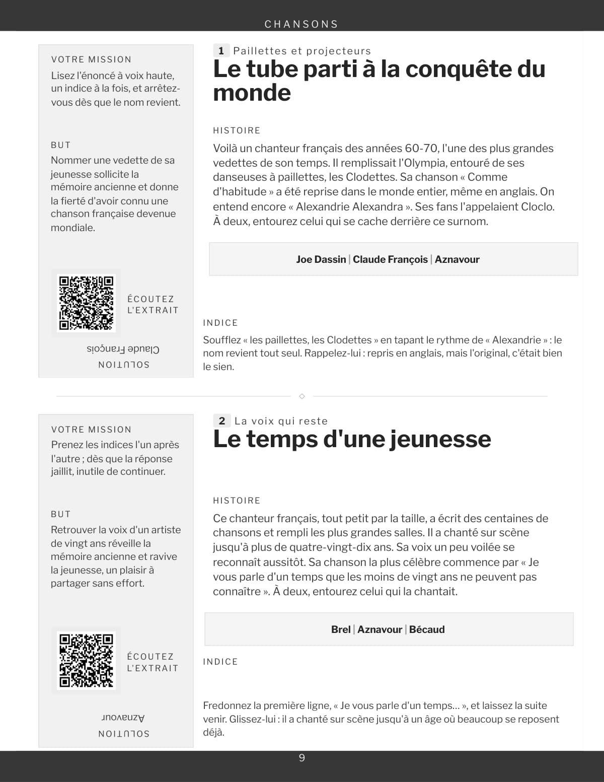 Une page de la rubrique Chansons, deux jeux et leur carré à photographier