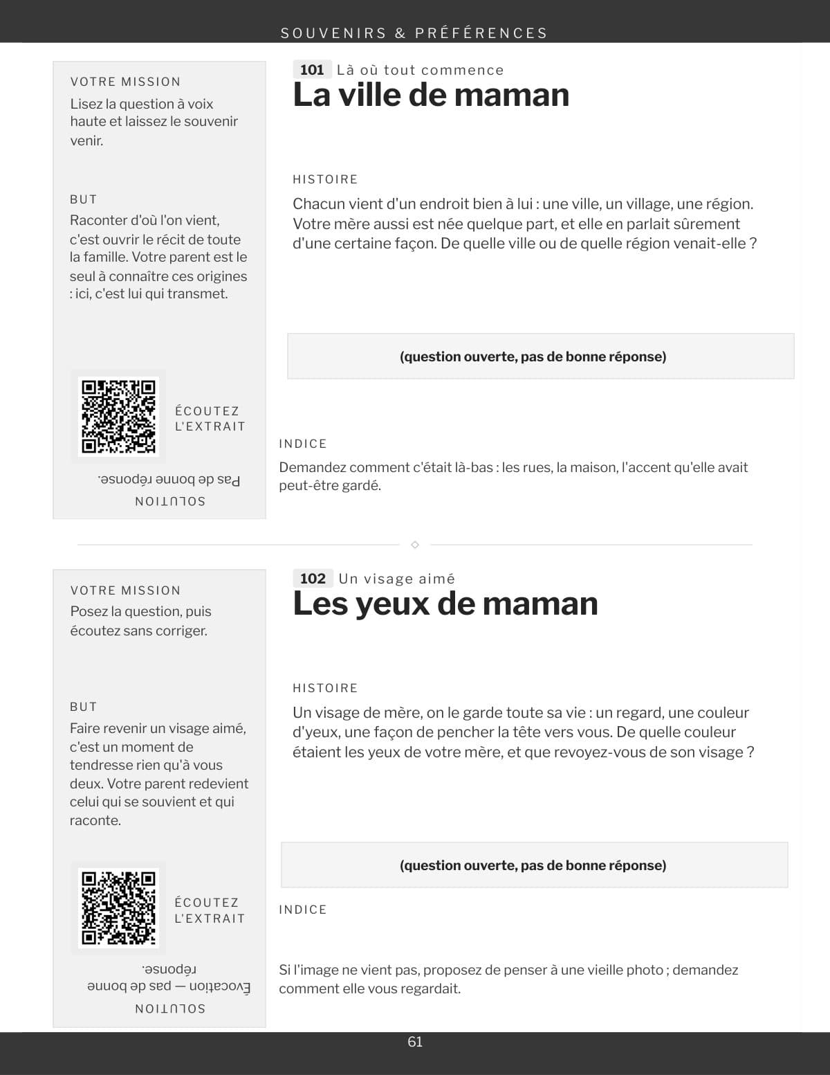 Une page de la rubrique Souvenirs et préférences, deux jeux et leur carré