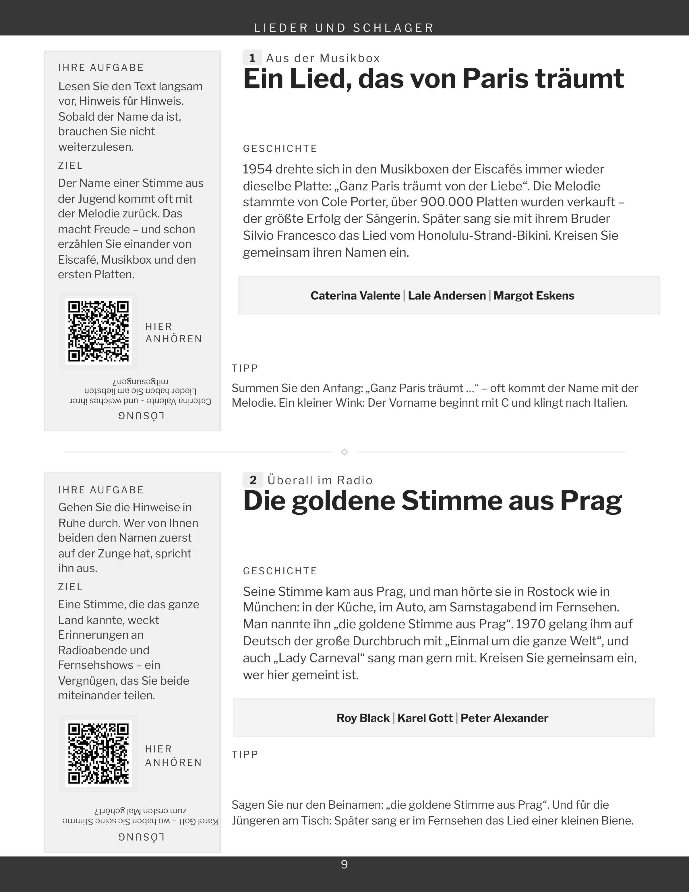 Eine Seite der Kategorie Lieder und Schlager, zwei Spiele und ihr Quadrat zum Fotografieren