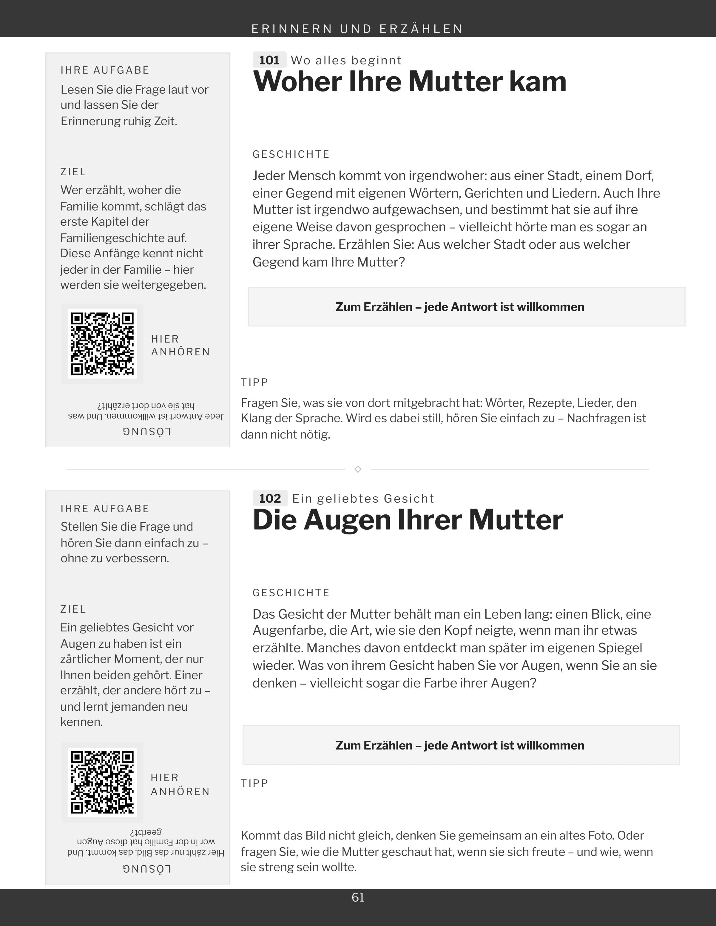 Eine Seite der Kategorie Erinnern und Erzählen, zwei Spiele und ihr Quadrat