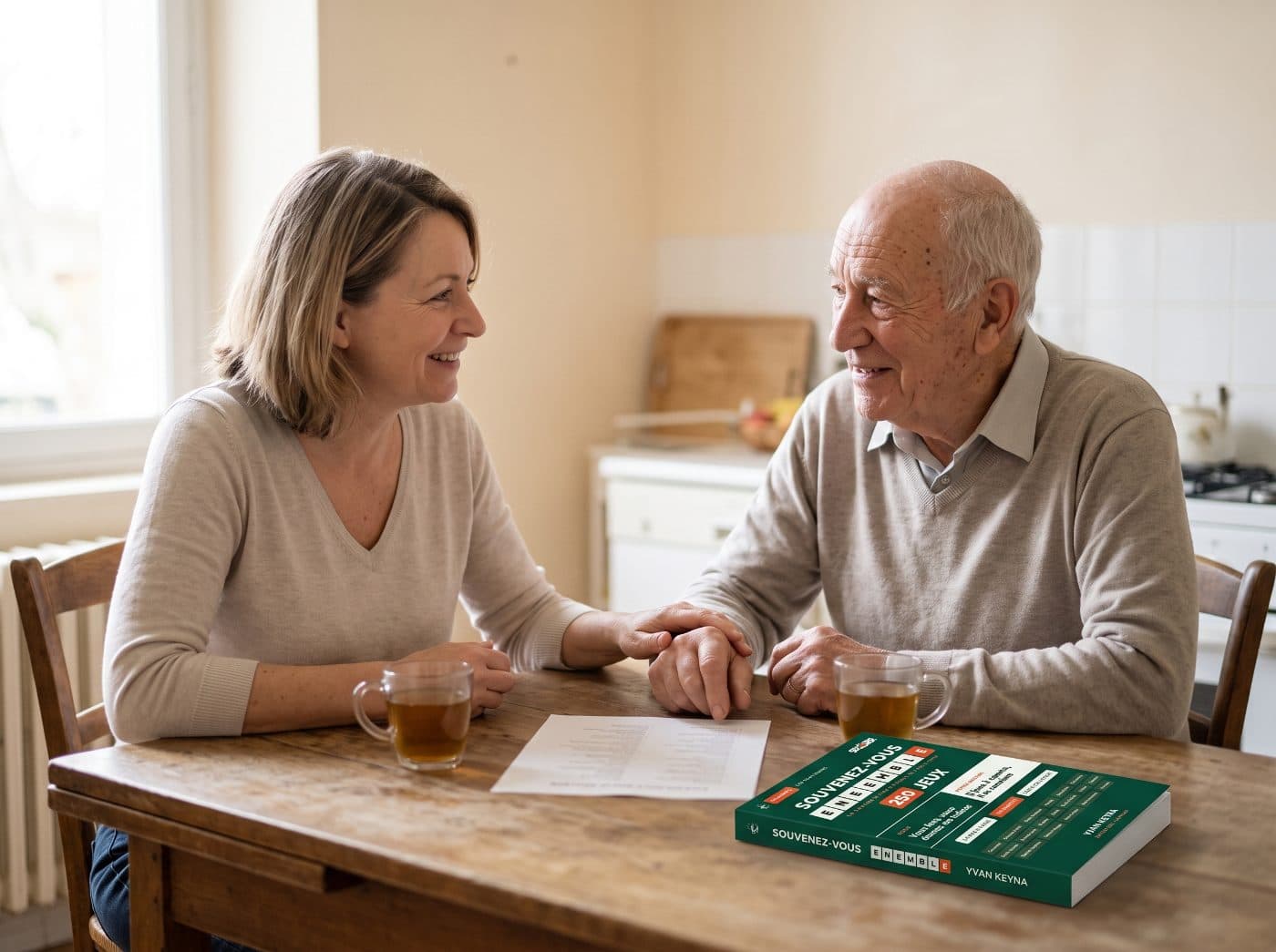 Une femme et son père à la table de la cuisine, le livre de jeux posé devant eux